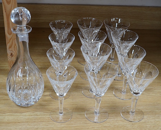 Waterford crystal 'Sheila' pattern drinking glassware, consisting of eight red wine and four white wine glasses, with a matching decanter and stopper (13). Condition - good